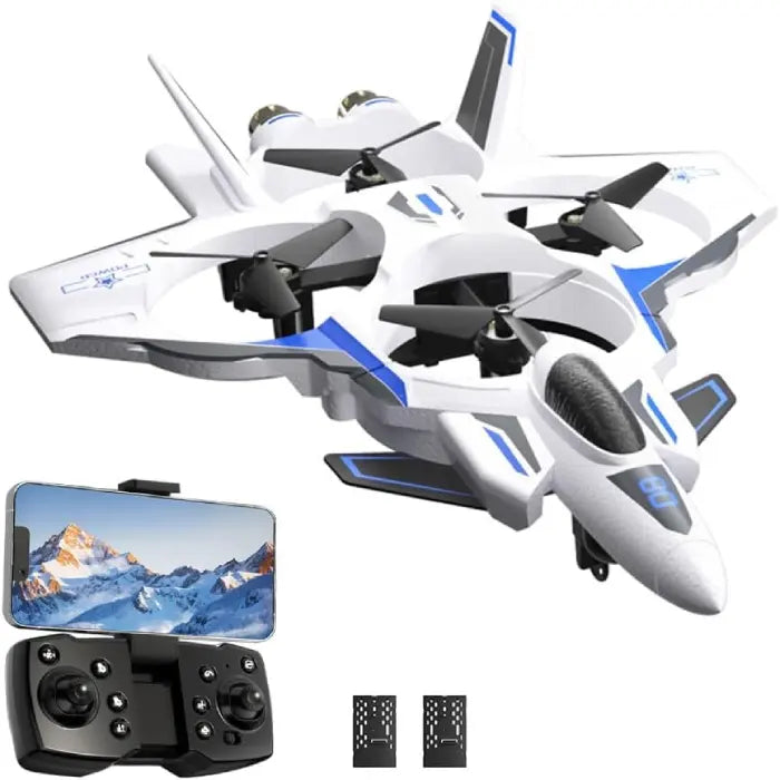 Fighter jet drone in white blue with dual joystick controller and smartphone holder included.