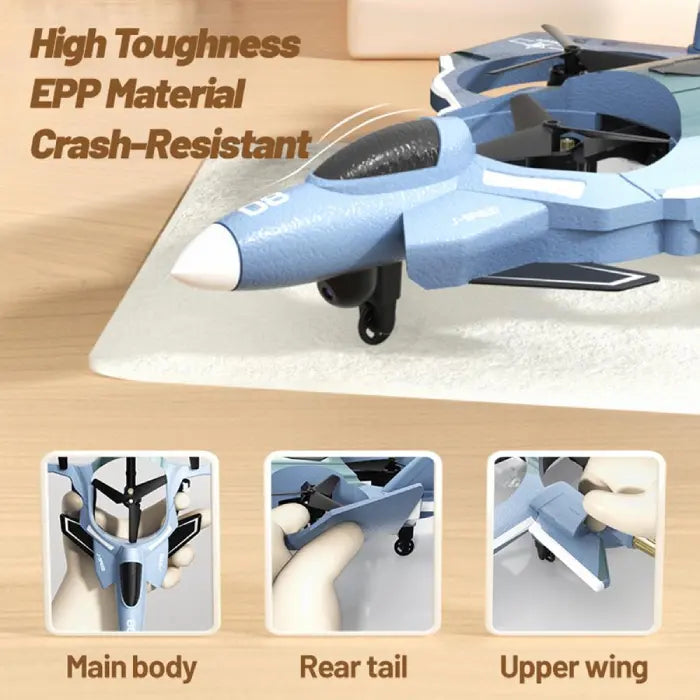Fighter jet drone EPP foam body, tough and crash resistant, close-ups of main body, rear tail and upper wing parts. Wow.
