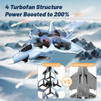 Fighter jet drone with four turbofan rotors, 200% power boost concept, snowy mountain scene, speedy RC stunt aircraft .