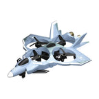 Fighter jet drone in blue with quadcopter design and black propellers shown in isolated product view.