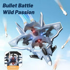 Fighter jet drone launching toy missiles in flight, quad propellers glowing, sky background, action RC airplane for kids.