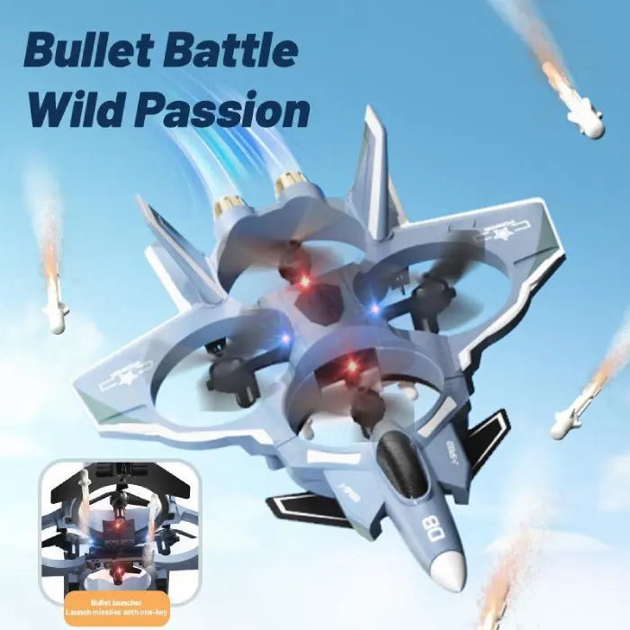 Fighter jet drone launching toy missiles in flight, quad propellers glowing, sky background, action RC airplane for kids.