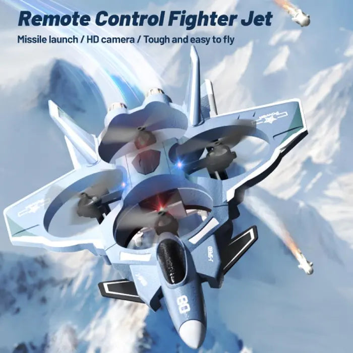 Fighter jet drone remote control aircraft, missile launch feature, HD camera, rugged body, easy to fly over mountains .