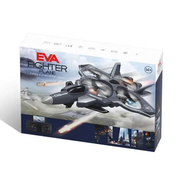 Fighter jet drone box showing remote control, missile effects, and 2.4GHz R/C branding.