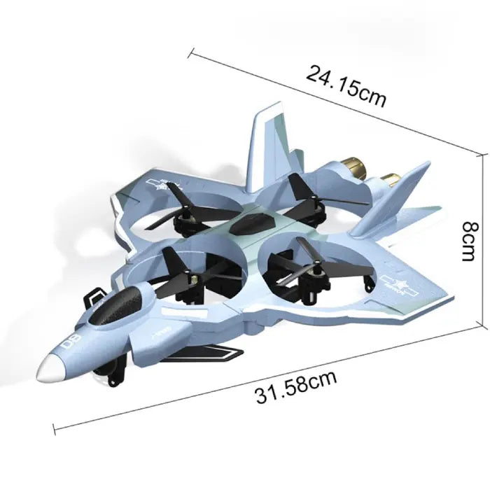 Fighter jet drone size diagram, 31.58cm length, 24.15cm width, 8cm height, blue quadcopter fighter plane toy. size info.