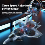 Fighter jet drone three speed modes shown, high medium low, indoor tunnel scene, easy switching RC plane toy. Great fun.