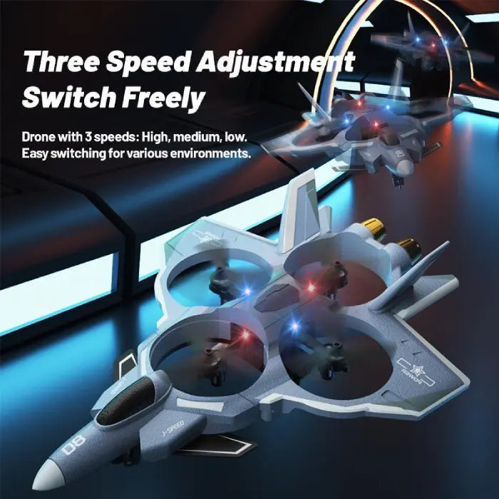 Fighter jet drone three speed modes shown, high medium low, indoor tunnel scene, easy switching RC plane toy. Great fun.