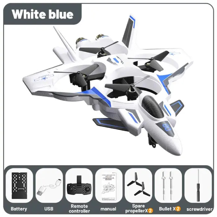 White blue fighter jet drone with included accessories like battery, controller, and spare propellers.