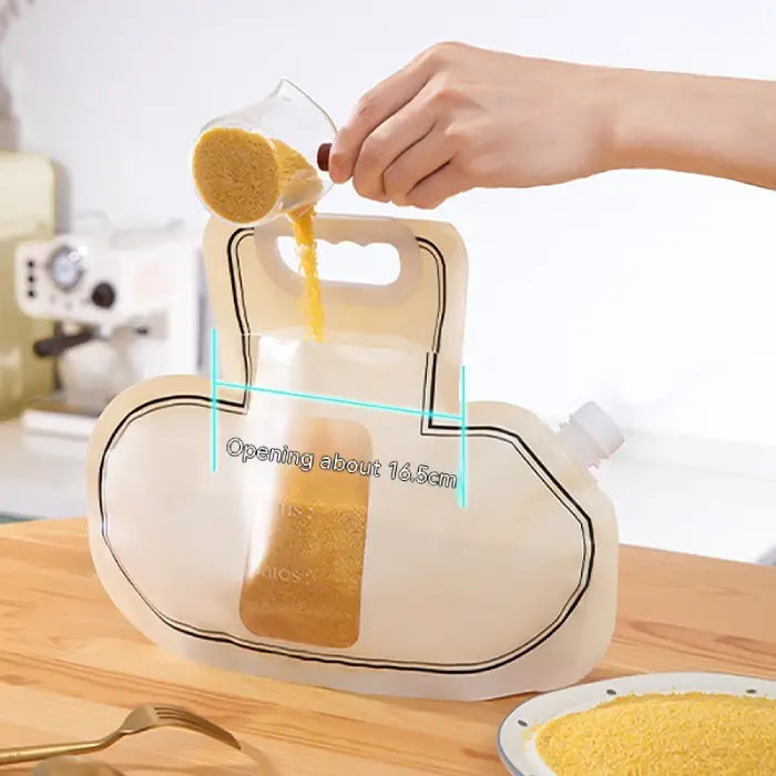 Wide-opening grain storage bag being filled with millet, showing 16.5cm opening for easy pouring.