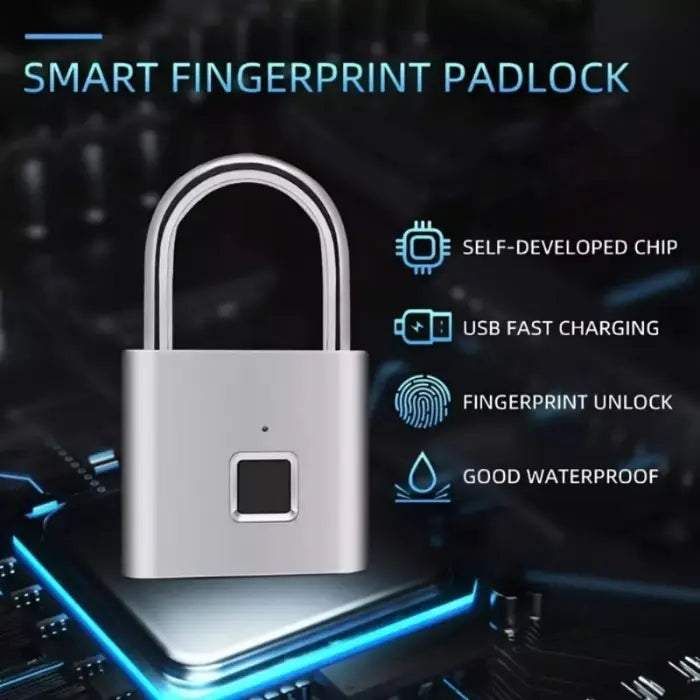 Smart fingerprint security lock with zinc alloy body, LED indicator, USB charging port, and biometric reader for keyless entry.