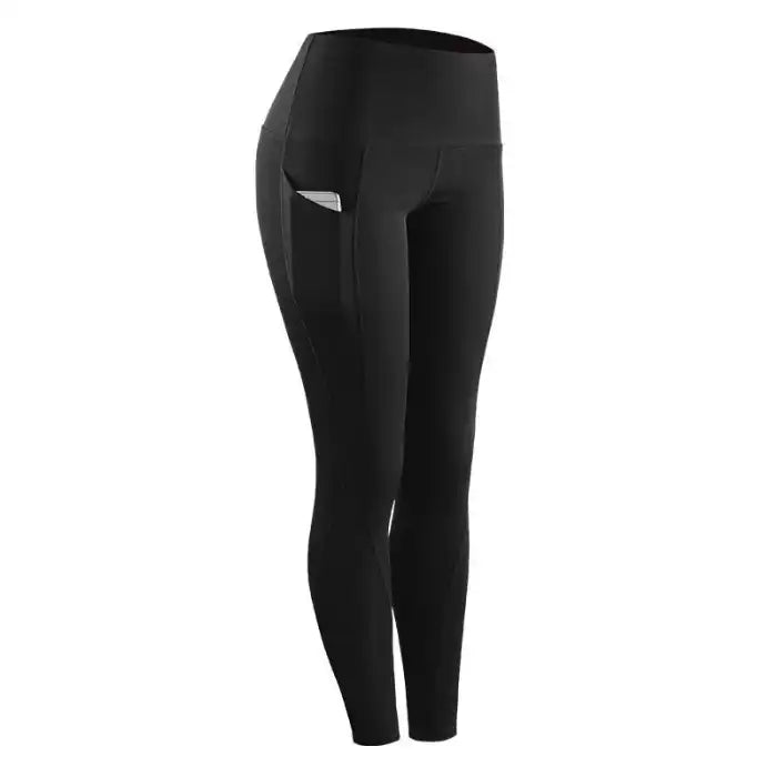 fitness leggings women stretch in solid black with secure side pocket