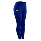 fitness leggings women stretch in vibrant blue featuring a practical phone pocket
