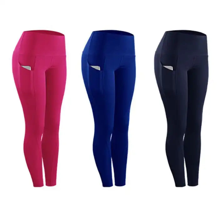 fitness leggings women stretch in pink blue and black colors with side pockets