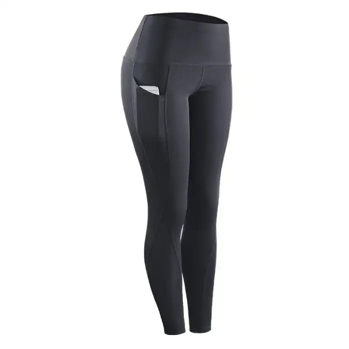 fitness leggings women stretch in dark grey with streamlined pocket design