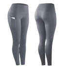 fitness leggings women stretch grey pair shown from front and back with phone pocket