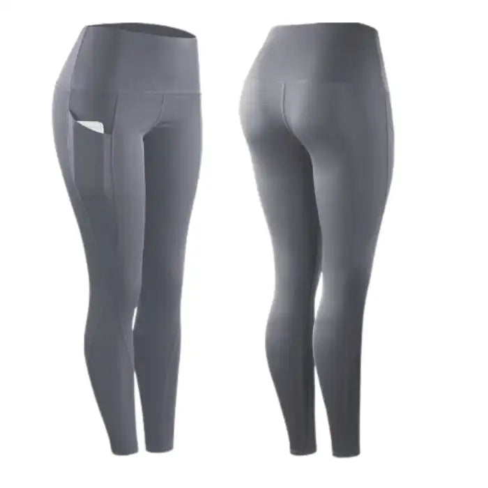 fitness leggings women stretch grey pair shown from front and back with phone pocket