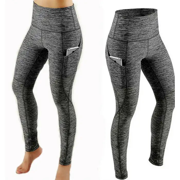 fitness leggings women stretch heather grey set with phone pockets on each side