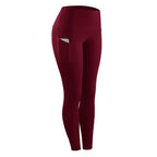 fitness leggings women stretch in maroon featuring a secure side phone pocket