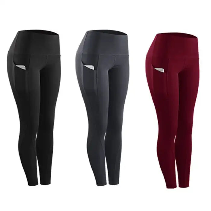 fitness leggings women stretch shown in black grey and maroon with phone pockets
