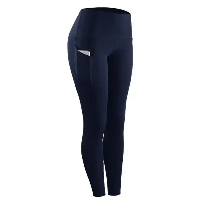 fitness leggings women stretch in navy with side phone pocket