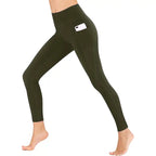 fitness leggings women stretch in olive color worn with phone in side pocket