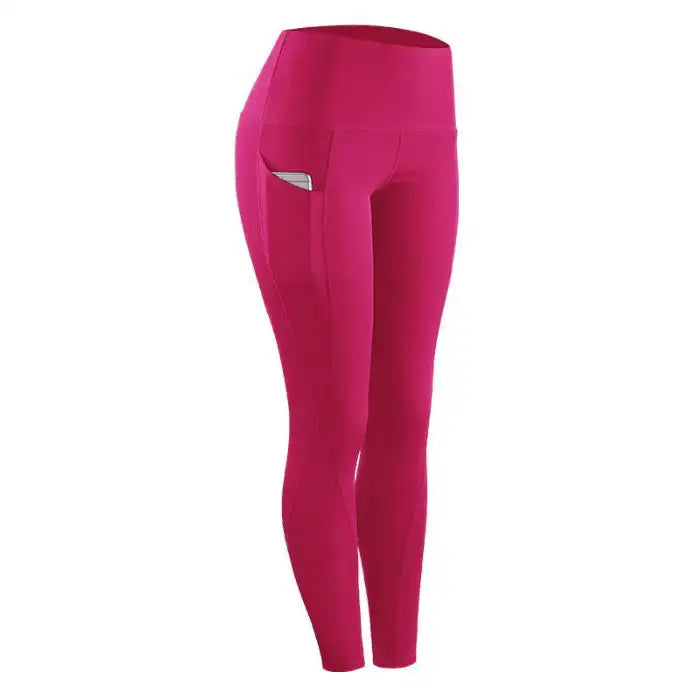 fitness leggings women stretch in bright pink with practical side phone pocket