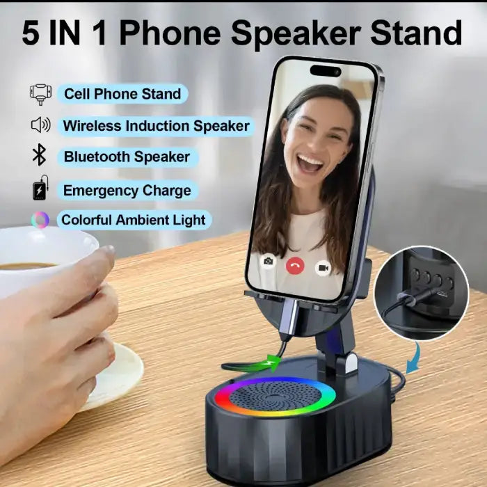 Feature demonstration of 5-in-1 phone stand showing cell phone holder, speakers, charging, and ambient light functions