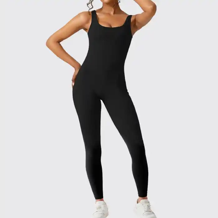  flare workout jumpsuit in black featuring seamless full length legs