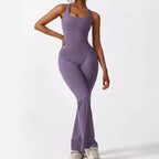 flare workout jumpsuit purple wide leg activewear with scoop neckline

