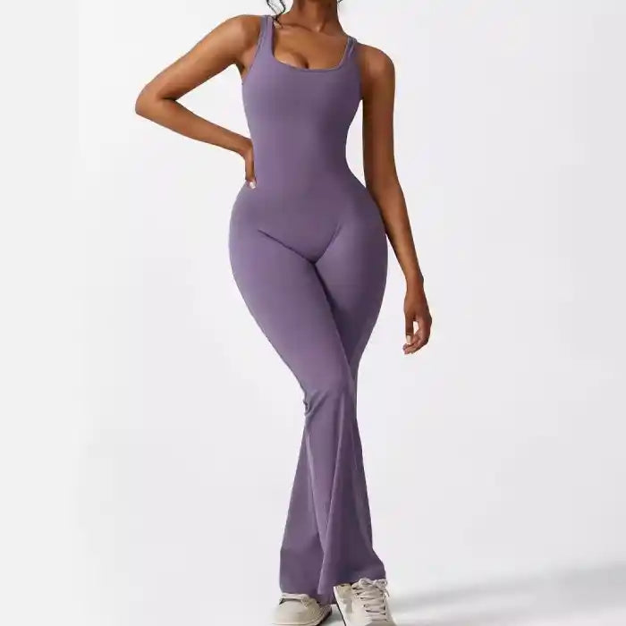 flare workout jumpsuit purple wide leg activewear with scoop neckline

