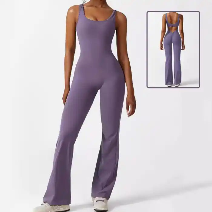 flare workout jumpsuit in purple with wide flare legs and seamless fit
