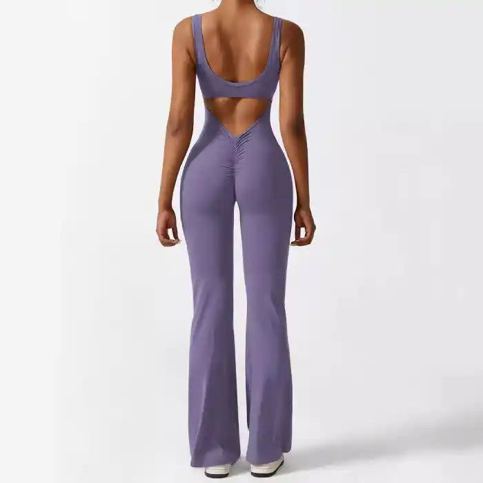  flare workout jumpsuit purple with smooth fabric and back ruched detail