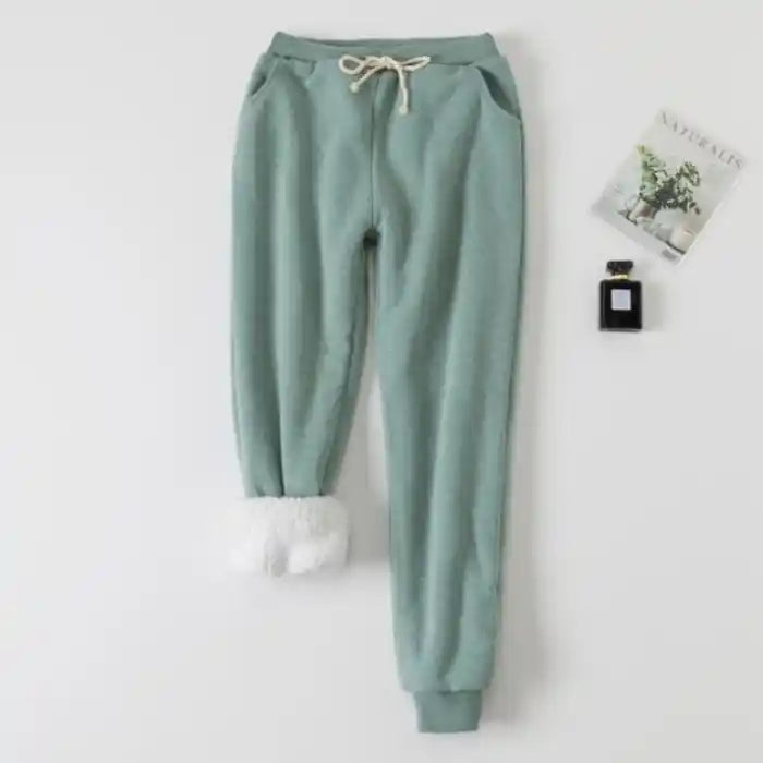  "Fleece jogger green women soft winter pants with white sherpa lining and relaxed fit" 