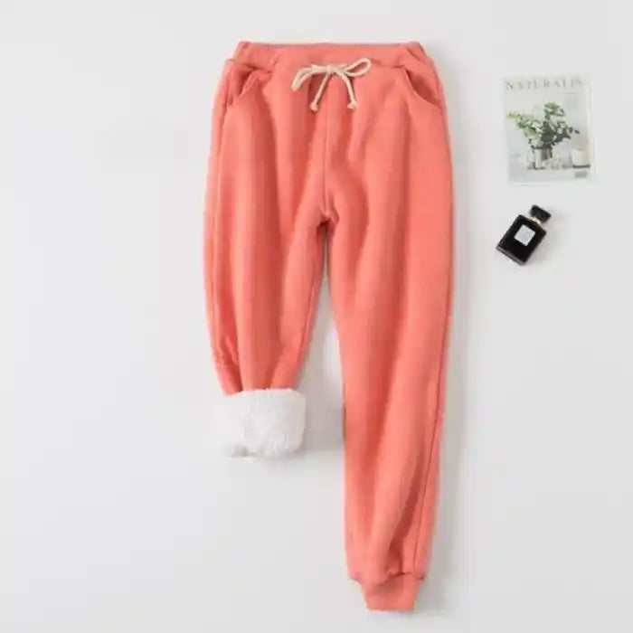 : "Fleece jogger orange women warm cozy pants with sherpa lining perfect for casual lounging"