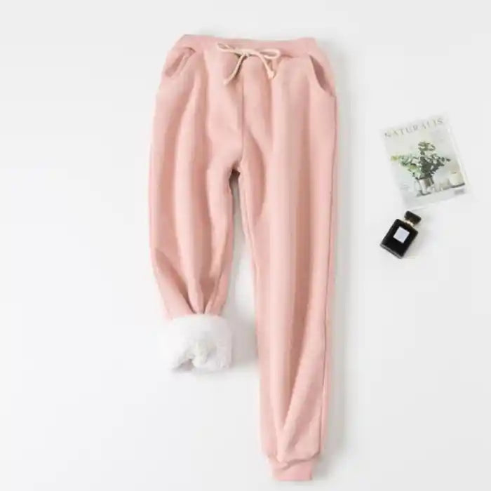 "Fleece jogger pink women soft drawstring pants with white lining and tapered ankle cuffs" 