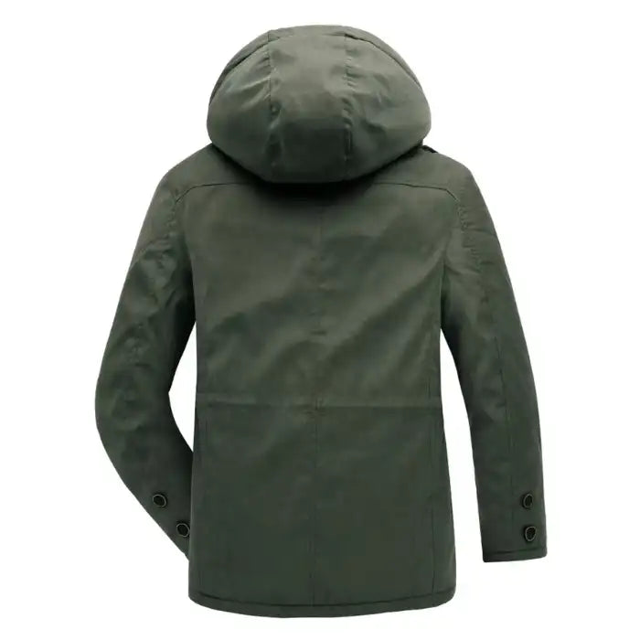 Fleece lined hooded military jacket in olive green, back view showing hood design and sleeve button details.