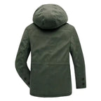 Fleece lined hooded military jacket in olive green, back view showing hood design and sleeve button details.