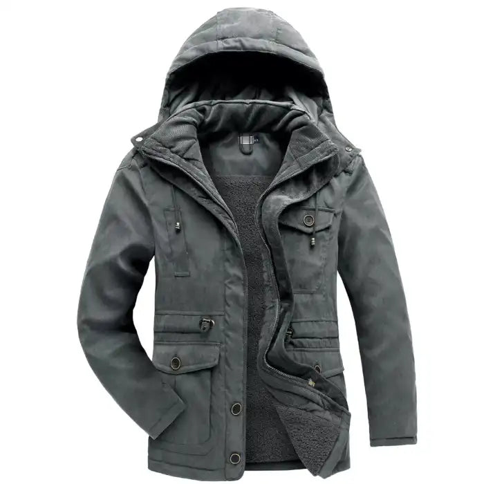  Fleece lined hooded military jacket in black, front view showing warm sherpa interior and functional pockets.