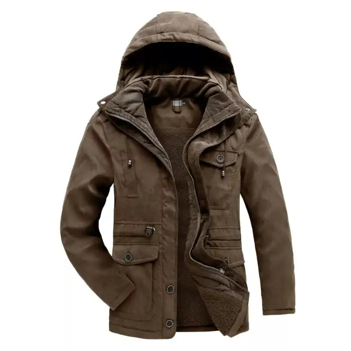  Fleece lined hooded military jacket in brown, front view showcasing warm sherpa lining and utility pockets.