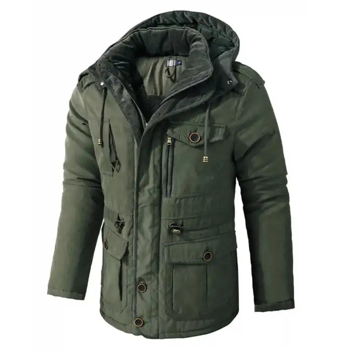 Fleece lined hooded military jacket in olive green, angled front view highlighting button closure and chest pockets.