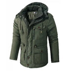 Fleece lined hooded military jacket in olive green, angled front view highlighting button closure and chest pockets.