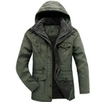  Fleece lined hooded military jacket in olive green with multiple pockets, open front view showing cozy sherpa interior.