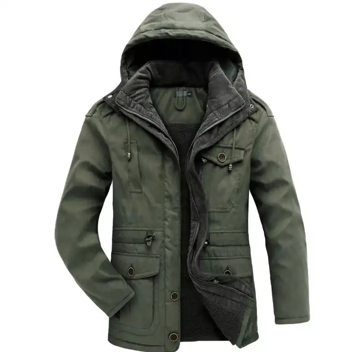  Fleece lined hooded military jacket in olive green with multiple pockets, open front view showing cozy sherpa interior.