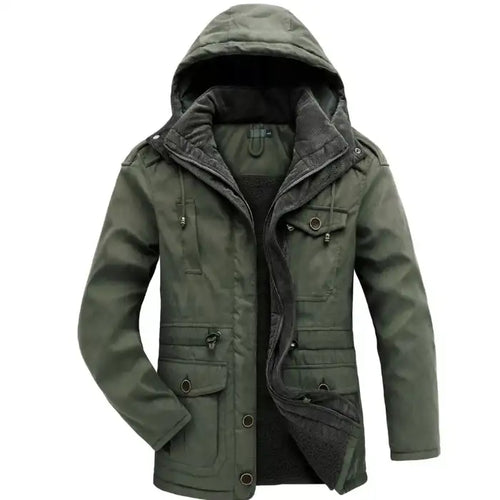  Fleece lined hooded military jacket in olive green with multiple pockets, open front view showing cozy sherpa interior.