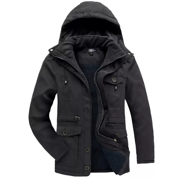 Fleece lined hooded military jacket in dark gray, front view highlighting soft fleece lining and button closure.