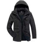 Fleece lined hooded military jacket in dark gray, front view highlighting soft fleece lining and button closure.