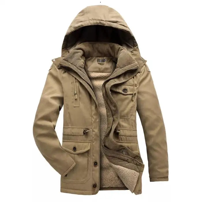  Fleece lined hooded military jacket in tan khaki, front view with open zipper revealing plush fleece interior