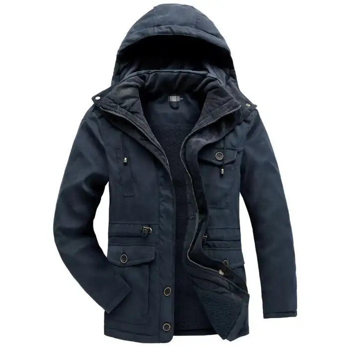 Fleece lined hooded military jacket in navy blue, front view displaying cozy sherpa lining and pocket details.