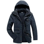 Fleece lined hooded military jacket in navy blue, front view displaying cozy sherpa lining and pocket details.