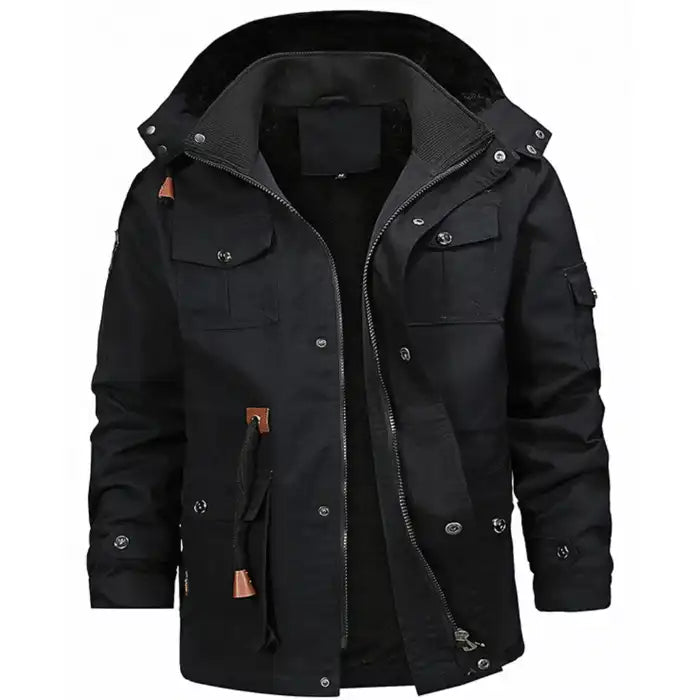 Fleece lined military parka jacket in black with multiple pockets, dual zipper, drawstrings, front view.